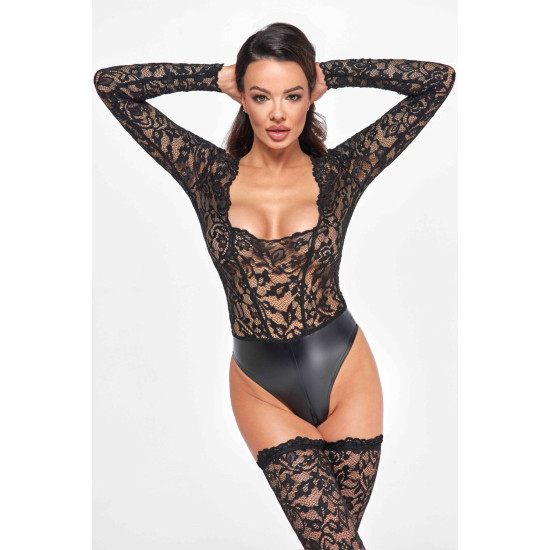Боди из кружева и материала с мокрым эффектом Noir Handmade F296 Psyche Bodysuit of Lace and Wetlook, M