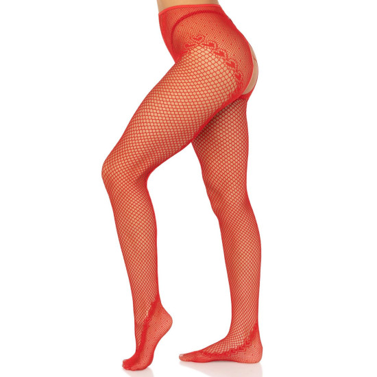 Колготки из сетки с открытой зоной и узором в виде сердец, красные Leg Avenue Crotchless Net Tights with Heart Backseam Red, One Size