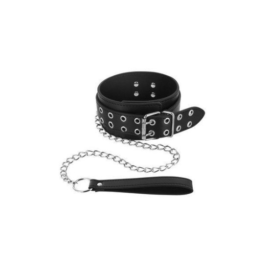 Широкий нашийник із повідцем, чорний Fetish Tentation Eyelets and Leash Collar
