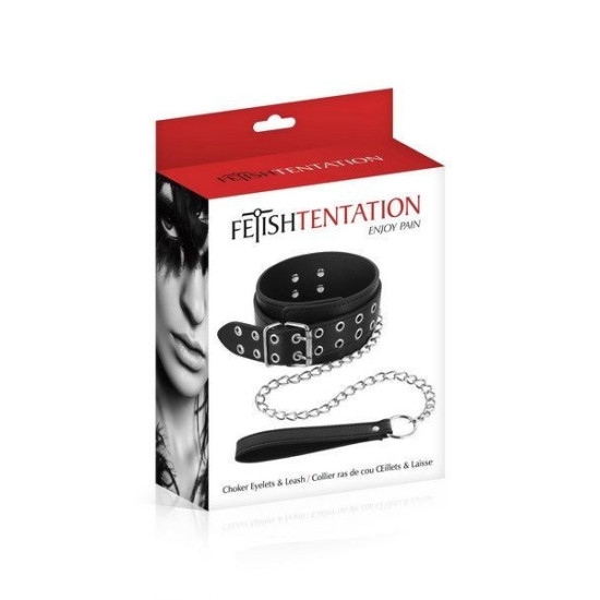 Широкий нашийник із повідцем, чорний Fetish Tentation Eyelets and Leash Collar
