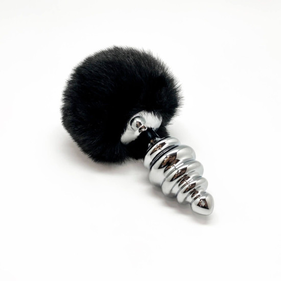 Металева анальна пробка «Кролячий хвостик», чорна Alive Fluffly Twist Plug Black, L