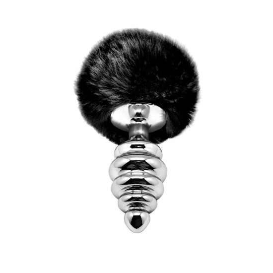 Металева анальна пробка «Кролячий хвостик», чорна Alive Fluffly Twist Plug Black, L