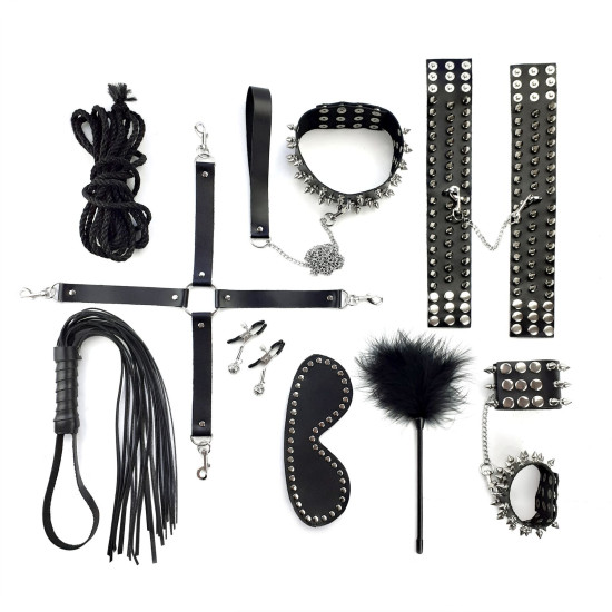Набор из 10 предметов с шипами из натуральной кожи, чёрный Art of Sex Spikes BDSM Set Leather