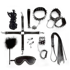 Набір з 10 предметів з шипами з натуральної шкіри, чорний Art of Sex Spikes BDSM Set Leather