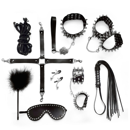 Набор из 10 предметов с шипами из натуральной кожи, чёрный Art of Sex Spikes BDSM Set Leather