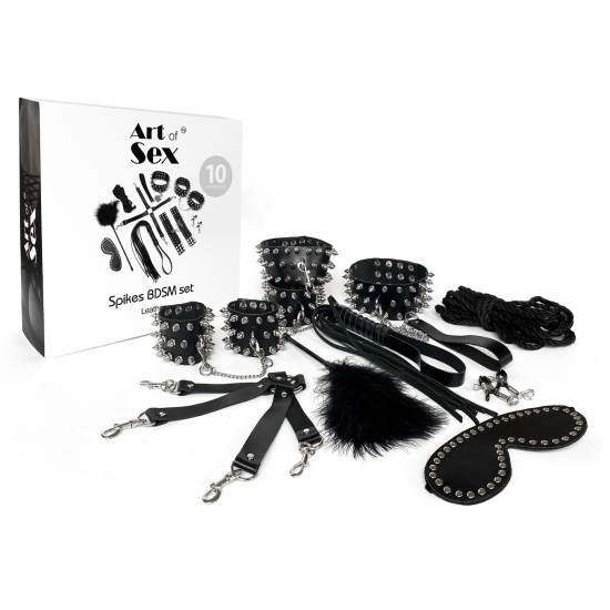 Набор из 10 предметов с шипами из натуральной кожи, чёрный Art of Sex Spikes BDSM Set Leather