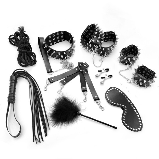 Набор из 10 предметов с шипами из натуральной кожи, чёрный Art of Sex Spikes BDSM Set Leather