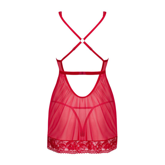 Червона прозора сорочка бебі-долл з мереживом, стрінги Obsessive Lacelove Babydoll & Thong Red, XS/S