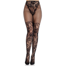 Колготки з мереживом і сітчастою деталлю на стегнах Leg Avenue Dahlia Lace Tights With Net Thigh Detail, One Size