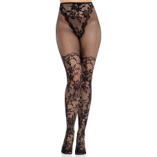 Колготки с кружевом и сетчатой деталью на бедрах Leg Avenue Dahlia Lace Tights With Net Thigh Detail, One Size