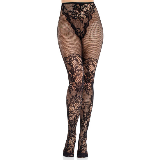 Колготки з мереживом і сітчастою деталлю на стегнах Leg Avenue Dahlia Lace Tights With Net Thigh Detail, One Size