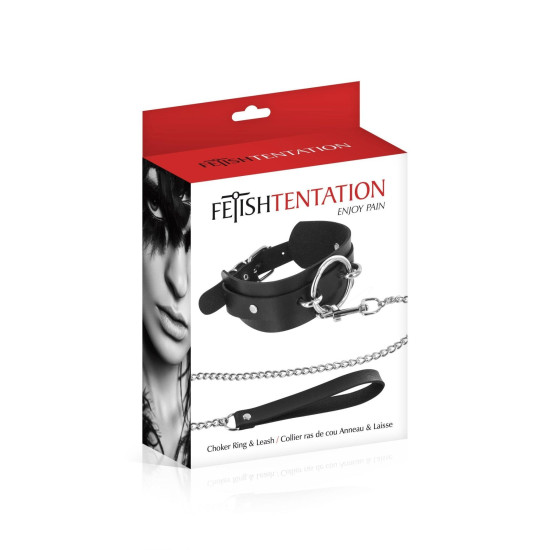Нашийник з великим кільцем і повідцем, чорний Fetish Tentation Ring and Leash Collar