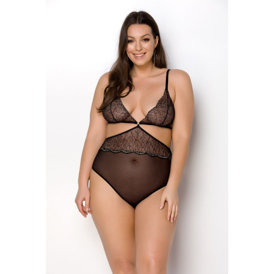 Боді з асиметричним кроєм, мереживним ліфом і золотистою ниткою Passion Amberly Body Black, 4XL/5XL