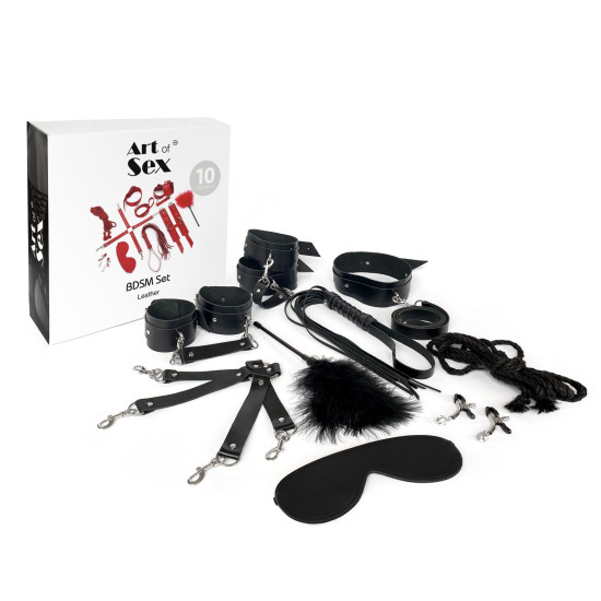 БДСМ набор из 10 предметов из натуральной кожи, чёрный Art of Sex BDSM Set Leather