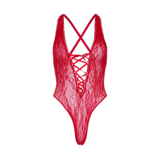 Кружевное боди со шнуровкой на груди, красное Leg Avenue Floral Lace Thong Teddy Red, One Size