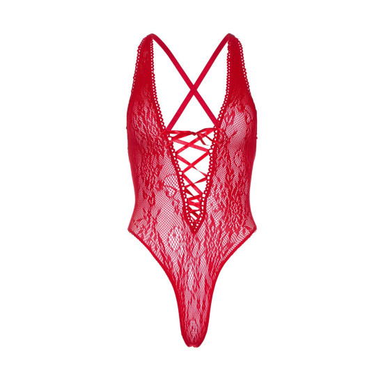 Мереживне боді зі шнурівкою на грудях, червоне Leg Avenue Floral Lace Thong Teddy Red, One Size