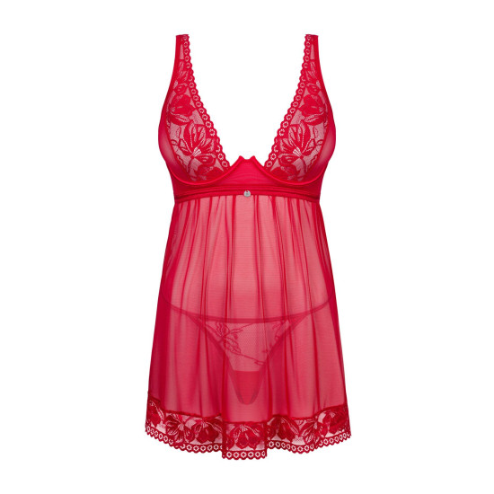 Червона прозора сорочка бебі-долл з мереживом, стринги Obsessive Lacelove Babydoll & Thong Red, M/L