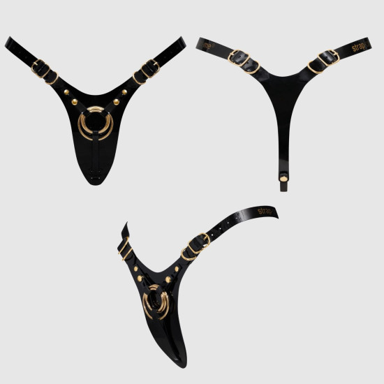 Трусики для страпона из экокожи, черные Strap-On-Me Leatherette Harness Fabulous Black Glossy, One Size