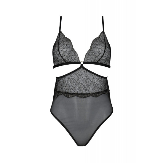 Боді з асиметричним кроєм, мереживним ліфом і золотистою ниткою Passion Amberly Body Black, 6XL/7XL
