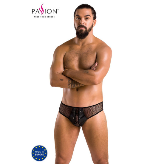 Мужские трусы со шнуровкой из экокожи и сетки, черные Passion 035 Slip Richard Black, L/XL
