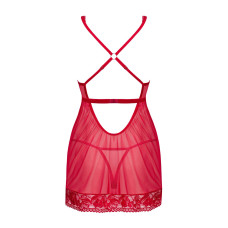 Червона прозора сорочка бебі-долл з мереживом, стрінги Obsessive Lacelove Babydoll & Thong Red, XL/2XL