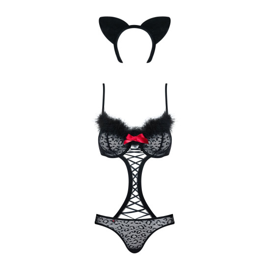 Чёрный эротический костюм гепарда (3 предмета: меховая отделка, монокини) Obsessive Gepardina 3-Pcs Costume Black, L/XL