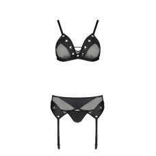 Комплект белья (бюстгальтер, пояс для чулок, стринги), чёрный Passion Nessy Set Black, S/M