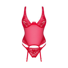 Червоний прозорий корсет з мереживом і підв'язками для панчіх Obsessive Lacelove Corset Red, XS/S
