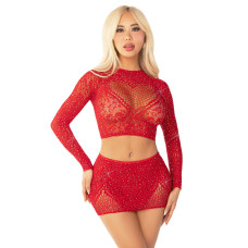 Комплект (топ і міні-спідниця зі стразами), червоний Leg Avenue Rhinestone Crop Top and Mini Skirt Red, One Size