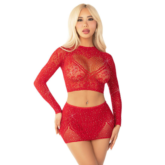 Комплект (топ и мини-юбка со стразами), красный Leg Avenue Rhinestone Crop Top and Mini Skirt Red, One Size