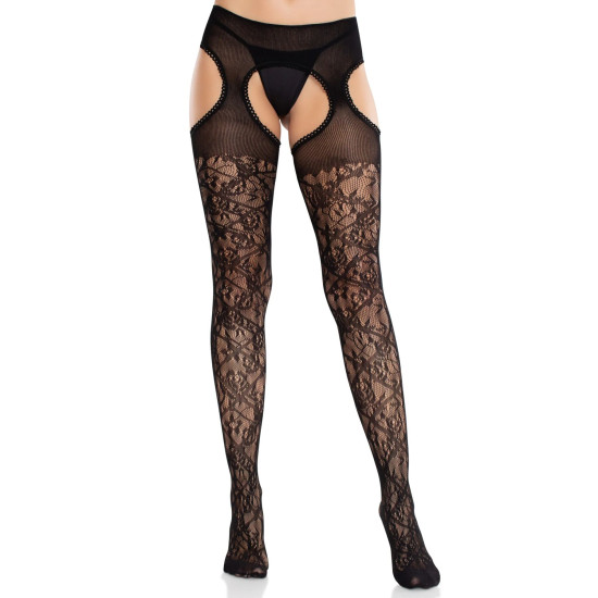 Колготки з імітацією пояса і квітковим мереживом Leg Avenue Cross Hatch Floral Lace Suspender Hose, One Size