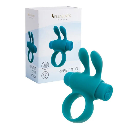 Эрекционное виброкольцо со съемной вибропулей и ушками, бирюзовое S Pleasures Premium Rabbit Ring