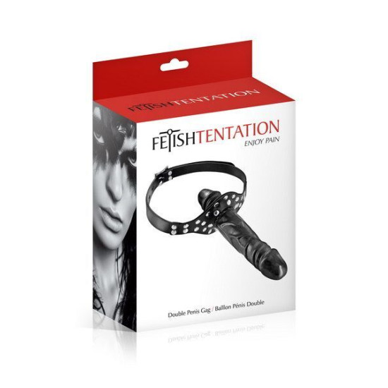 Кляп з подвійним фалоімітатором, чорний Fetish Tentation Double Penis Gag Black (пом’ята упаковка)