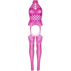 Мереживний бодістокінг з відкритим доступом, малиновий Leg Avenue High Neck Lace Bodystocking Raspberry, One Size