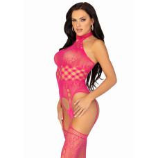 Мереживний бодістокінг з відкритим доступом, малиновий Leg Avenue High Neck Lace Bodystocking Raspberry, One Size