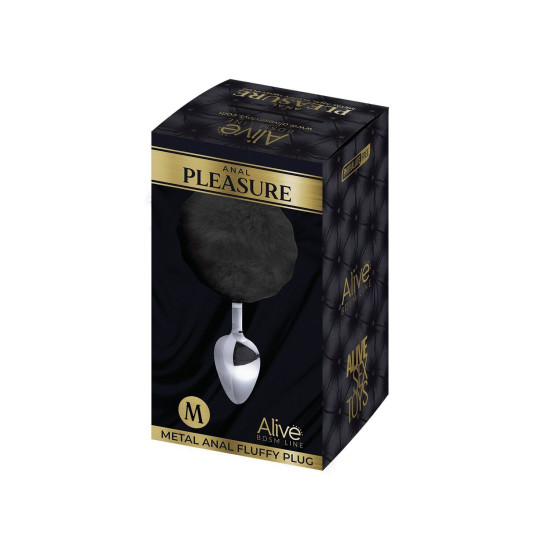 Металева анальна пробка «Кролячий хвостик», чорна, діаметр 3,4 см Alive Fluffly Plug Black, M
