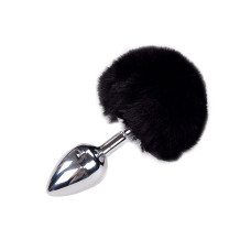 Металева анальна пробка «Кролячий хвостик», чорна, діаметр 3,4 см Alive Fluffly Plug Black, M
