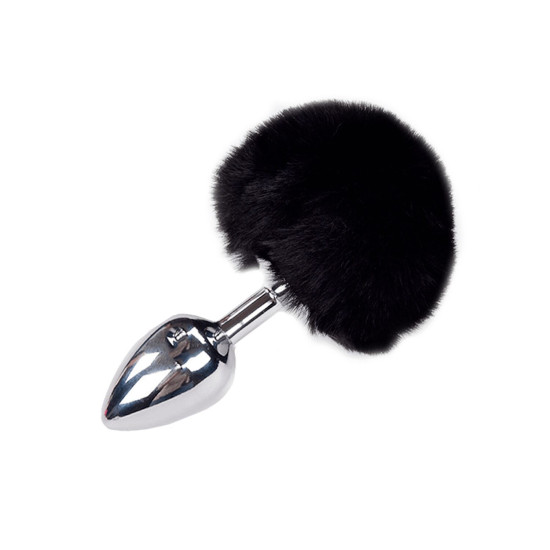 Металева анальна пробка «Кролячий хвостик», чорна, діаметр 3,4 см Alive Fluffly Plug Black, M
