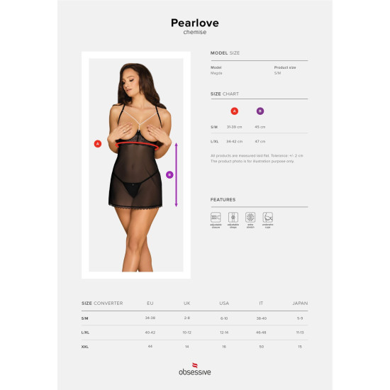 Прозрачная сорочка с открытой грудью (трусики в комплекте), черная Obsessive Pearlove Chemise & Thong Black, S/M