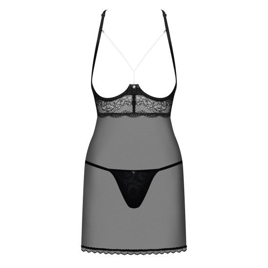 Прозрачная сорочка с открытой грудью (трусики в комплекте), черная Obsessive Pearlove Chemise & Thong Black, S/M