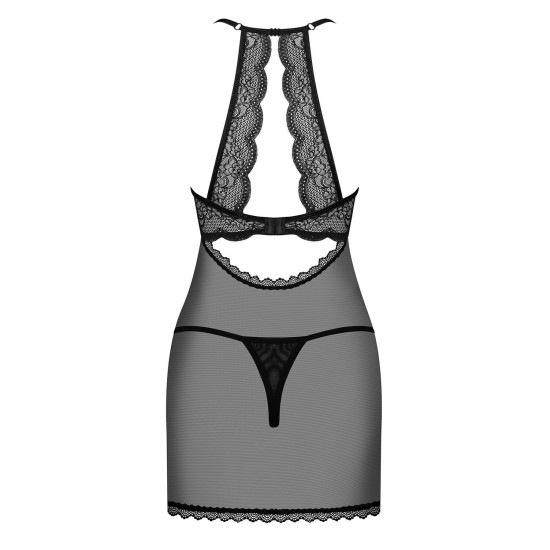 Прозрачная сорочка с открытой грудью (трусики в комплекте), черная Obsessive Pearlove Chemise & Thong Black, S/M