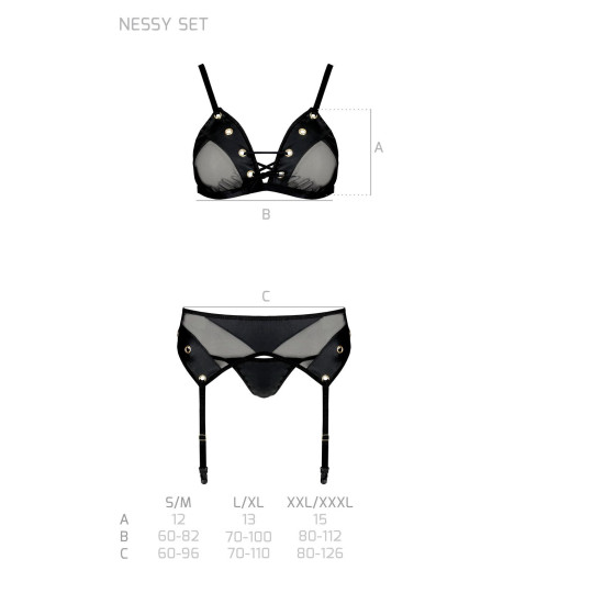 Комплект белья (бюстгальтер, пояс для чулок, стринги), чёрный Passion Nessy Set Black, XXL/XXXL