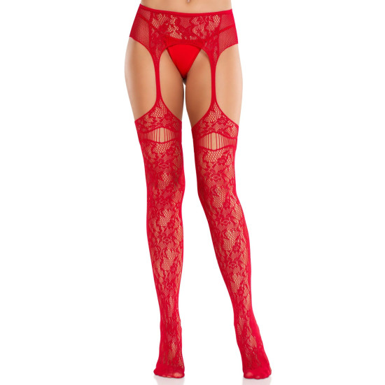 Колготки-чулки с пристегнутым поясом, красные Leg Avenue Net Stockings With Attached Garter Belt Red, One Size