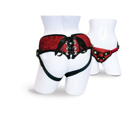 Труси для страпона червоного кольору з корсетною утяжкою Sportsheets Lace Corsette Strap-On Red