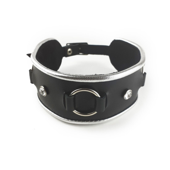 Ошейник из натуральной кожи со стразами и кольцом, черный Art of Sex Collar Ring