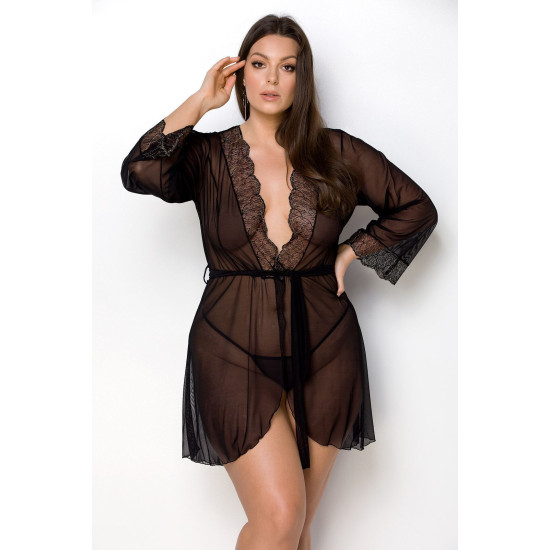 Пеньюар с ажурным декольте, манжетами и широкими рукавами Passion Amberly Peignoir Black, 4XL/5XL