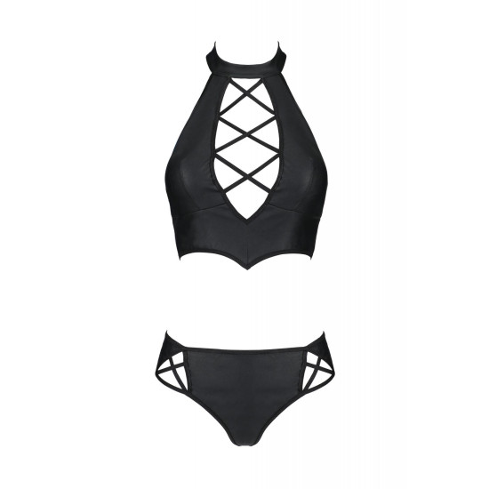 Комплект з екошкіри (бра і трусики з імітацією шнурівки) Passion Nancy Bikini Black, 6XL/7XL