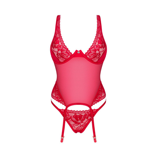 Красный прозрачный корсет с кружевом и подвязками для чулок Obsessive Lacelove Corset Red, XL/2XL