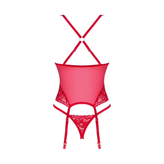Красный прозрачный корсет с кружевом и подвязками для чулок Obsessive Lacelove Corset Red, XL/2XL