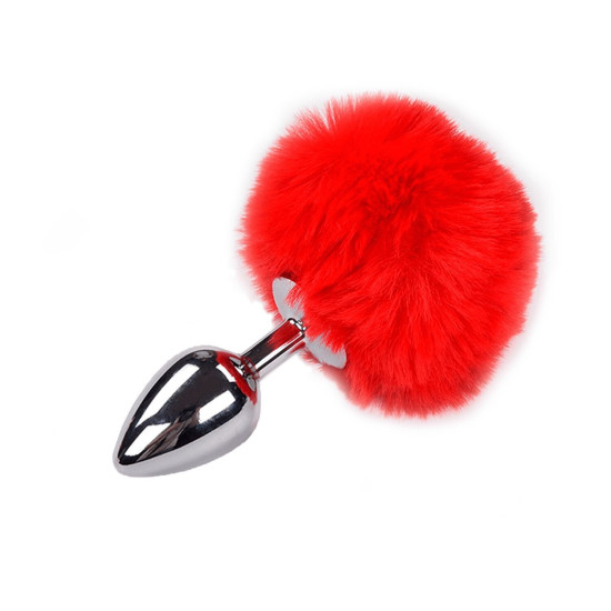 Металева анальна пробка «Кролячий хвостик», червона, діаметр 3,4 см Alive Fluffy Plug Red, M